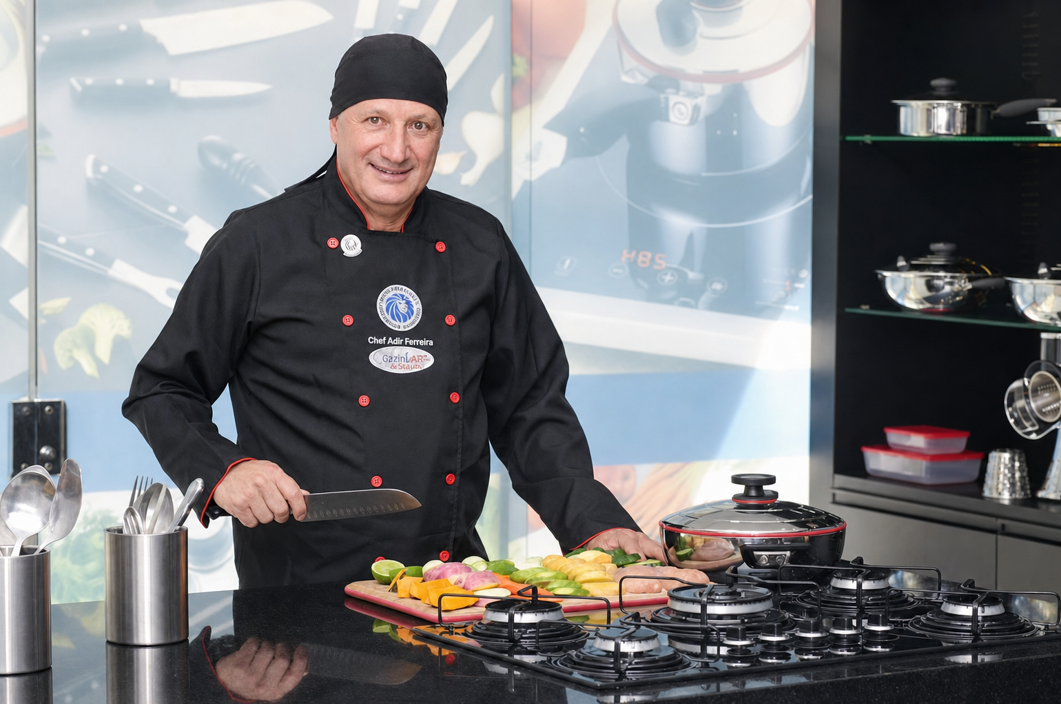 Chef Adir Ferreira com alimentos frescos e panela durante uma demonstração culinária